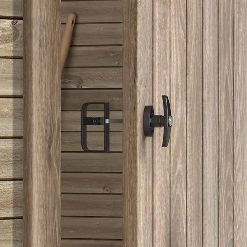Heavy Duty Shed Door Lock Latch With T Handle For Barn Playhouse Coops And Shed Doors Five And A Half Inch Carbon Steel Black Includes Two Keys Durable Door Hardware Replacement installed on wooden door