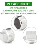 Close-up of Two Pack Outer Square Thread Socket Pipe Plug Fitting 2 Inch NPT Male 304 Stainless Steel, showing threads.