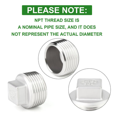Close-up of Two Pack Outer Square Thread Socket Pipe Plug Fitting 2 Inch NPT Male 304 Stainless Steel, showing threads.