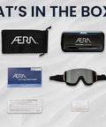 Contents include Frameless Ultralight Black Mirror Swim Goggles With VisiClear Nanotech Anti Fog Lens And 100 Percent UV Protection, case, bag, and cloth.