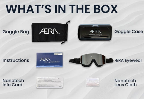 Contents include Frameless Ultralight Black Mirror Swim Goggles With VisiClear Nanotech Anti Fog Lens And 100 Percent UV Protection, case, bag, and cloth.