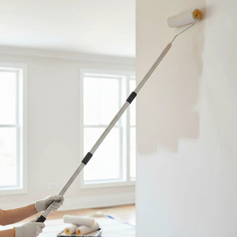 Adjustable height Legit Game Changer Paint Roller Kit With Extendable Stainless Steel Pole painting a wall.