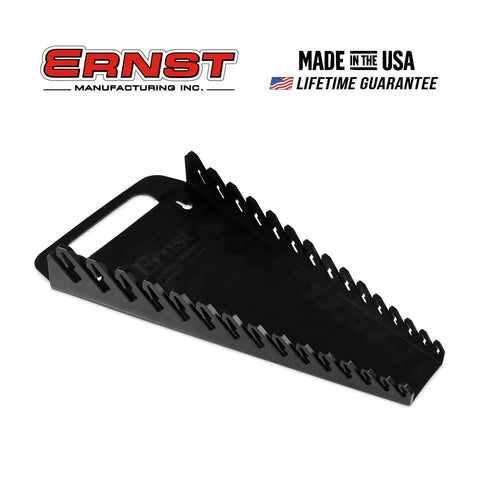 Black Portable Fifteen Wrench Organizer made in USA, wall or cart mountable with peg slots for wrench storage