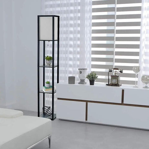 Black 62.5 Inch Modern Etagere Floor Lamp With Three Shelves For Storage And Display Space Saving Design Linen Shade Pull Chain On Off Soft Warm Glow For Living Room Bedroom Office Decor