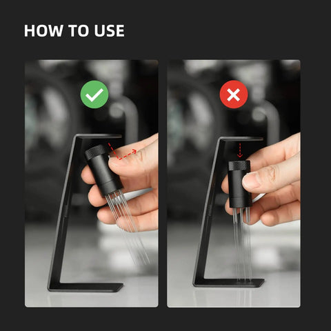 Correct and incorrect way to use Espresso Distribution Tool With Magnetic Stand And Adjustable 0.4mm Stainless Needles For Even Extraction Break Clumps For 51 54 58mm Portafilters Barista Grade WDT With 8 Needles Plus 6 Spare.