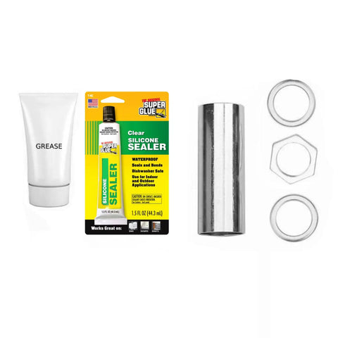 Top Shelf Washer Tub Shaft And Bearing Replacement Kit Compatible With W10435302 Ap5325033 Ps3503261 featuring grease, silicone sealer, and metal spacers.