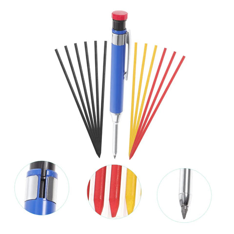 Solid Grip Mechanical Carpenter Pencil Set With Interchangeable Refills Featuring Wide Mouth Deep Hole Marker Heavy Duty Woodworking Gear For Framers Inspectors And Tradesmen Tight Fit Build Job Site Ready with assorted refills.
