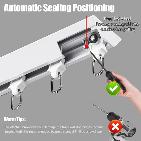 Invisible Ultra Thin Ceiling Curtain Track With Aluminum Rail And Hooks, Silent No Drill Single Curtain Rod For Living Room Bedroom Balcony And Hospital Use, 1.2m Black ceiling track with hooks and screw installation shown