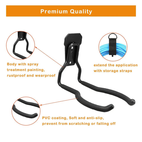 Close-up of Beefed Up Garden Power Tool Hanger Set For Garage Walls 4 Pack Weedeater Rack with PVC coating and steel construction.