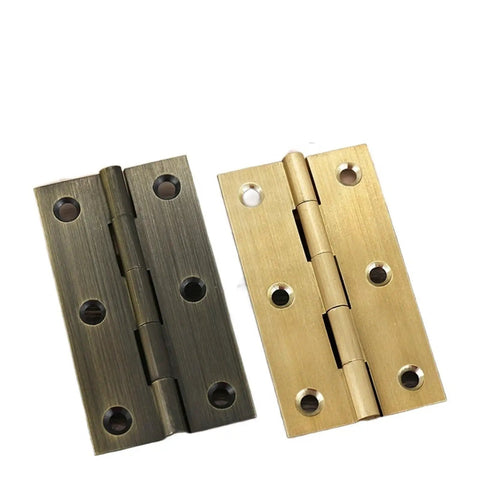 Close-up of two-pack brass door hinges 1 to 3 inch for cabinets drawers and wooden boxes, easy install, durable brass finish.