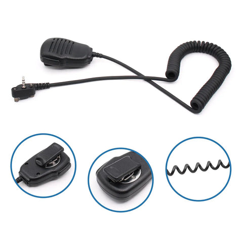 Compact Duty Shoulder Microphone for VX Series Walkie Talkies with omnidirectional pickup, 3.5mm audio jack, and coiled cable.