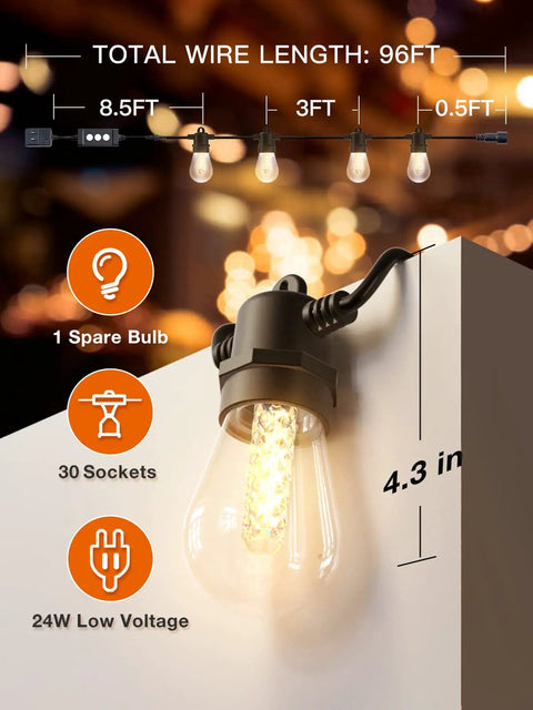 Close-up of one bulb from 96ft Smart Outdoor String Lights With Remote And App Control Dimmable Patio Lit Vibe Lights With 30 Waterproof Edison Bulbs Music Sync For Gazebo And Backyard IP Weatherproof Timers And Easy Setup, displaying LED details and socket.