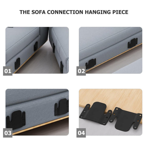 Interlocking Sectional Sofa Connectors Set, Heavy Duty Iron Couch Brackets for secure corner connections on gray sofa.