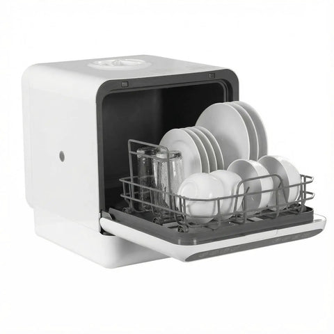 No Install Hassle Portable Countertop Dishwasher Featuring Dual Spray Arms High Heat Sanitizing Cycle And Rapid Air Dry Tech Ready To Go Right Out Of Box For Renters with dishes inside.