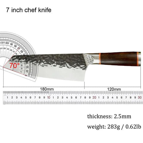 Beast Mode 7 Inch Meat Cleaver For Kitchen Prep, showing full view with measurements, chef grade forged steel blade and wood handle.
