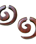 Boho Organic Wooden Earrings For Pierced Ears, Natural Brown Wood Faux Plugs, Spiral Style, 316L Surgical Steel Posts