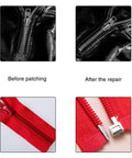 Before and after images showing repaired black and red zippers using 24 Piece Metal Zipper Latch Slider Retainer Kit In Three Colors With Size 3 5 8 10 Insertion Pins Zipper Bottom Stopper For Metal Zippers Repair Replacement DIY Sewing For Bags Jackets Backpacks Quick Fix For Everyday Gear.