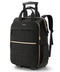 Black Puffer Backpack On Wheels For Women With Dual Opening Wheeled Laptop Travel Bag Water Resistant Underseat Carry On Dual Access Design.