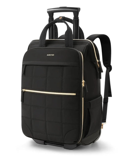 Black Puffer Backpack On Wheels For Women With Dual Opening Wheeled Laptop Travel Bag Water Resistant Underseat Carry On Dual Access Design.
