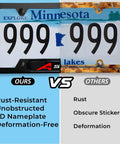 Comparison of Two Pack Premium Aluminum Alloy License Plate Frame Set and a rusted frame on Minnesota plate.