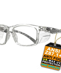 Anti Fog Safety Glasses With Side Shields ANSI Z87.1 Clear Lens Eye Protection For Men And Women with ANSI tag displayed.