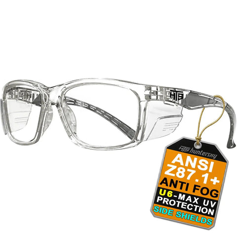 Anti Fog Safety Glasses With Side Shields ANSI Z87.1 Clear Lens Eye Protection For Men And Women with ANSI tag displayed.
