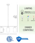 Diagram showing dimensions and features of Sloane 31-Inch 3-Light Modern Industrial Farmhouse Island Light with clear glass shades.