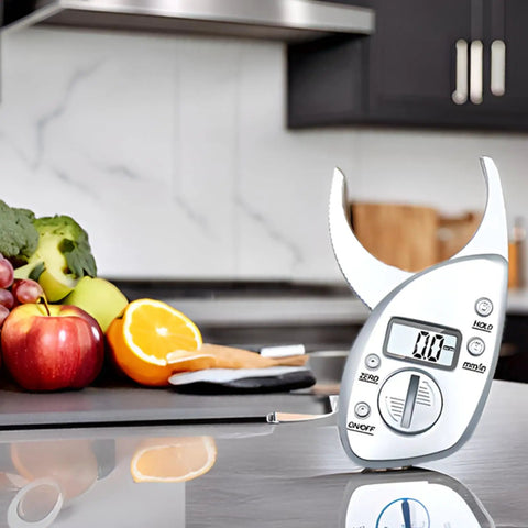Digital Body Fat Caliper With LCD Screen And Tape Measure For Accurate Body Fat Percentage Easy Home Fitness Tracker For Progress And Health Monitoring, on kitchen counter