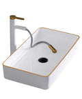 Clean As A Whistle Rectangular Ceramic Vessel Sink Built Tough For Daily Wear Fits Standard Counters Scratch Resistant Surface with golden accents.