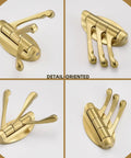 Four angles of Three Arm Brushed Gold Folding Swivel Towel Hook Space Saving Metal Towel Holder for Bathroom Robe and Coat