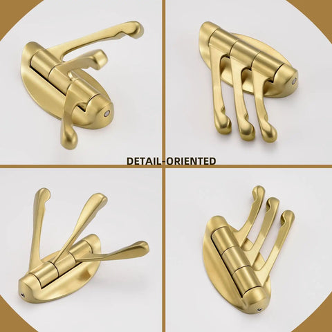 Four angles of Three Arm Brushed Gold Folding Swivel Towel Hook Space Saving Metal Towel Holder for Bathroom Robe and Coat