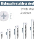 Pro Grade No Sweat Pack Of One Hundred Size Eight White Stainless Steel Self Tapping Wall Plate Screw Set with various screw sizes