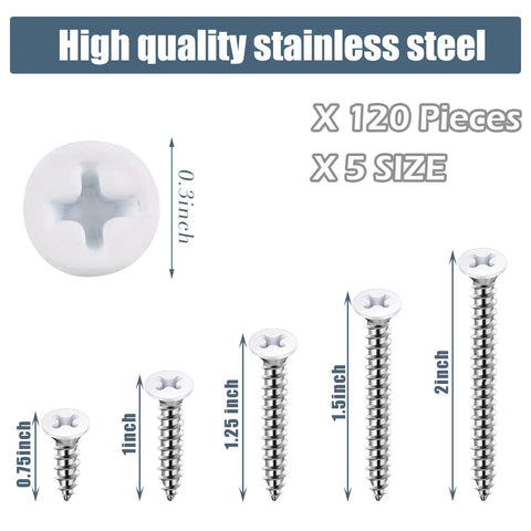 Pro Grade No Sweat Pack Of One Hundred Size Eight White Stainless Steel Self Tapping Wall Plate Screw Set with various screw sizes