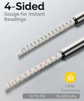 Front view of two pencil-style tire pressure gauges with stainless steel bodies and white measurement ribbons.