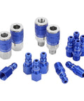 Blue 14 Piece Automotive Type C Coupler and Plug Kit With One Quarter Inch NPT Fittings Color Match System arrangement