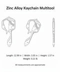 Diagram of zinc alloy compact keychain multitool for quick on-the-go adjustments and everyday carry organization with dimensions.