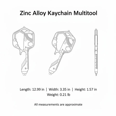 Diagram of zinc alloy compact keychain multitool for quick on-the-go adjustments and everyday carry organization with dimensions.