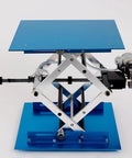 Heavy Hitter Electric Lab Lift Stand with blue platform, chrome mesh, and motor for 25 Kg loads in labs and workshops.