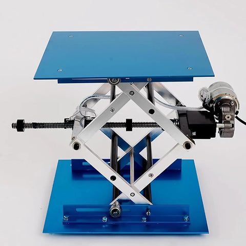Heavy Hitter Electric Lab Lift Stand with blue platform, chrome mesh, and motor for 25 Kg loads in labs and workshops.
