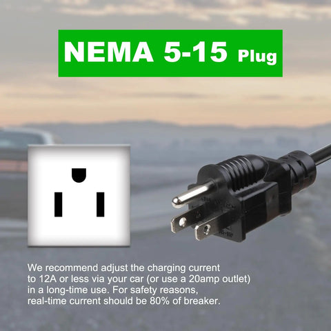 NEMA 5-15 plug close-up with portable charging cable for Plug And Play Level One Ev Charger Portable Charging Cable With Twenty Foot Cord.