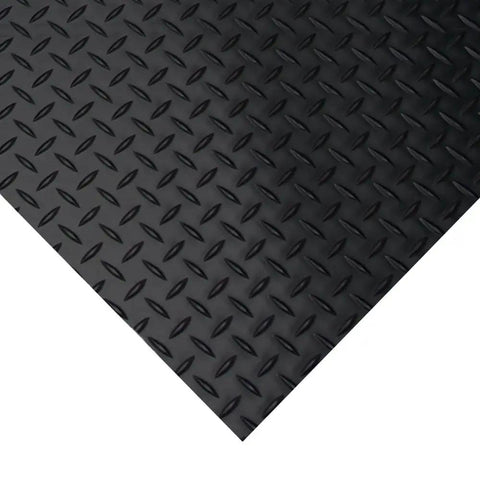 Diamond Plate Rubber Flooring Roll 3 mm Thick 4 Ft By 2 Ft Black Durable Industrial Grippy Floor Mat For Slippery Surfaces Outdoor Walkways And Equipment Protection, close-up view