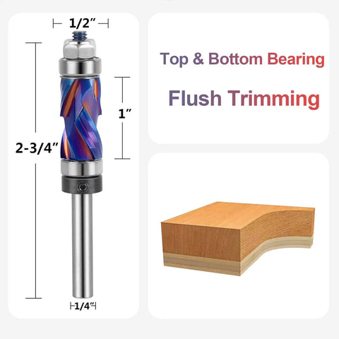 Coated Flush Trim Router Bit With 1/4 Inch Shank, 1/2 Inch Cutting Diameter, Compression Cut, Top and Bottom Bearing