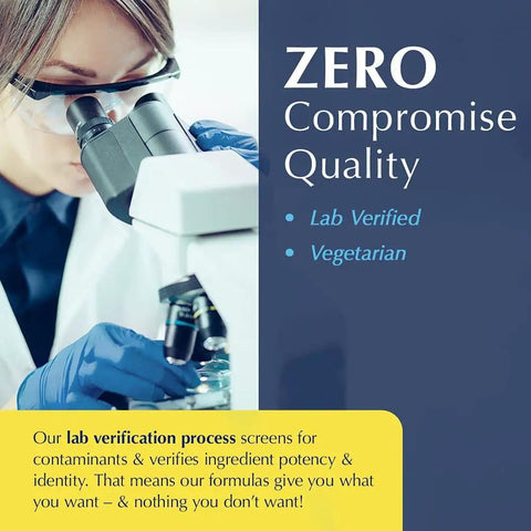 Scientist examining sample under microscope, highlighting lab verified quality and vegetarian formula.