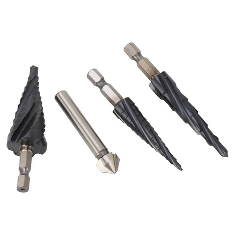 Heavy Duty Step Drill Bits With 4 Spiral Flutes Made From M35 Cobalt for Smoother Drilling In Metal Wood And Plastic With Quick Size Removal For Stainless Steel And Aluminum Jobs, 4-piece set