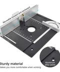 Killer Aluminum Router Table Insert Plate With Sharp Precision Scales And Ridiculously Sturdy Push Ruler Badass DIY Workbench Station Kit For Woodworkers Hustling For Top Shelf Accuracy And Flawless Cuts, showing adjustable ruler and sturdy aluminum panel.
