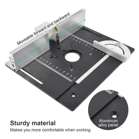 Killer Aluminum Router Table Insert Plate With Sharp Precision Scales And Ridiculously Sturdy Push Ruler Badass DIY Workbench Station Kit For Woodworkers Hustling For Top Shelf Accuracy And Flawless Cuts, showing adjustable ruler and sturdy aluminum panel.
