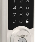 Front view of Keyless Entry SmartCode Touchpad Electronic Deadbolt With SmartKey, Satin Nickel Finish, traditional door lock.
