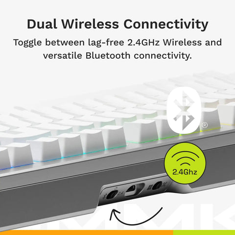 Top Tier 75 Percent Wireless Mechanical Gaming Keyboard With Badass Aluminum Frame Hot Swappable Switches Bluetooth And Two Point Four Gigahertz Link showing dual wireless connectivity options.