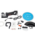 Heavy Duty Electric Concrete Saw Cutter With 3000 Watt Motor And Rugged Ab Diamond Blade For Smooth Corded Cement Masonry Wall Cutting And Professional Construction Work As A True Heavy Hitter components laid out on a white surface.