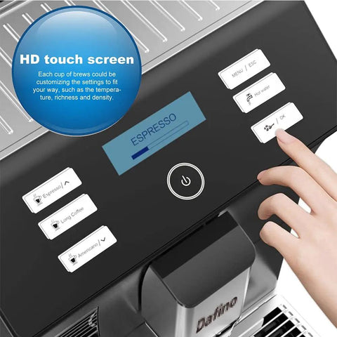 Level Up Your Coffee Game With This Fully Automatic Espresso Machine Built In Grinder And Milk Frother 15 Bar Pressure Coffee Maker featuring an HD touch screen for customized brew settings.